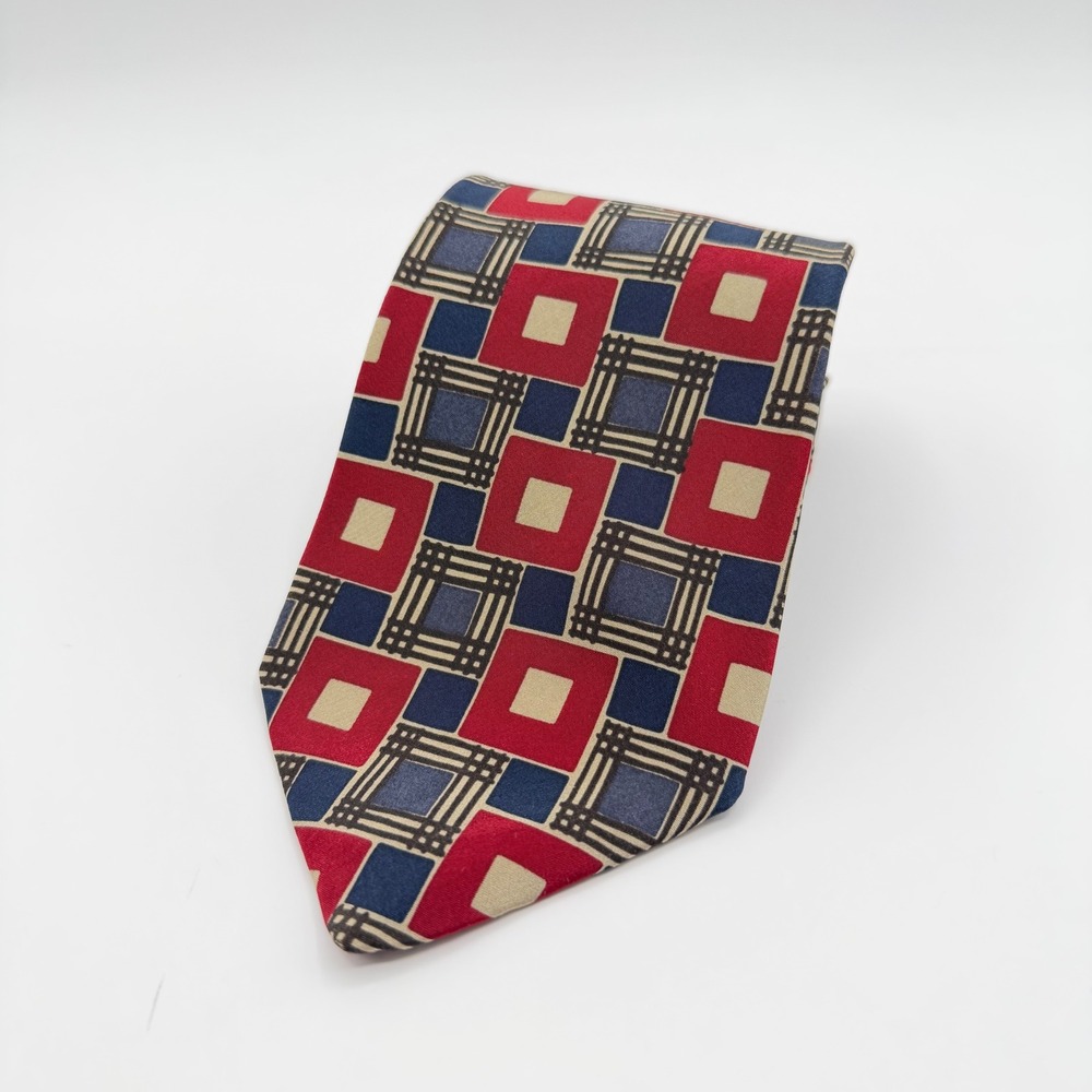 Brooks Brothers Necktie Mens OS Red Navy Blue Geometric Square Silk Made in USA
